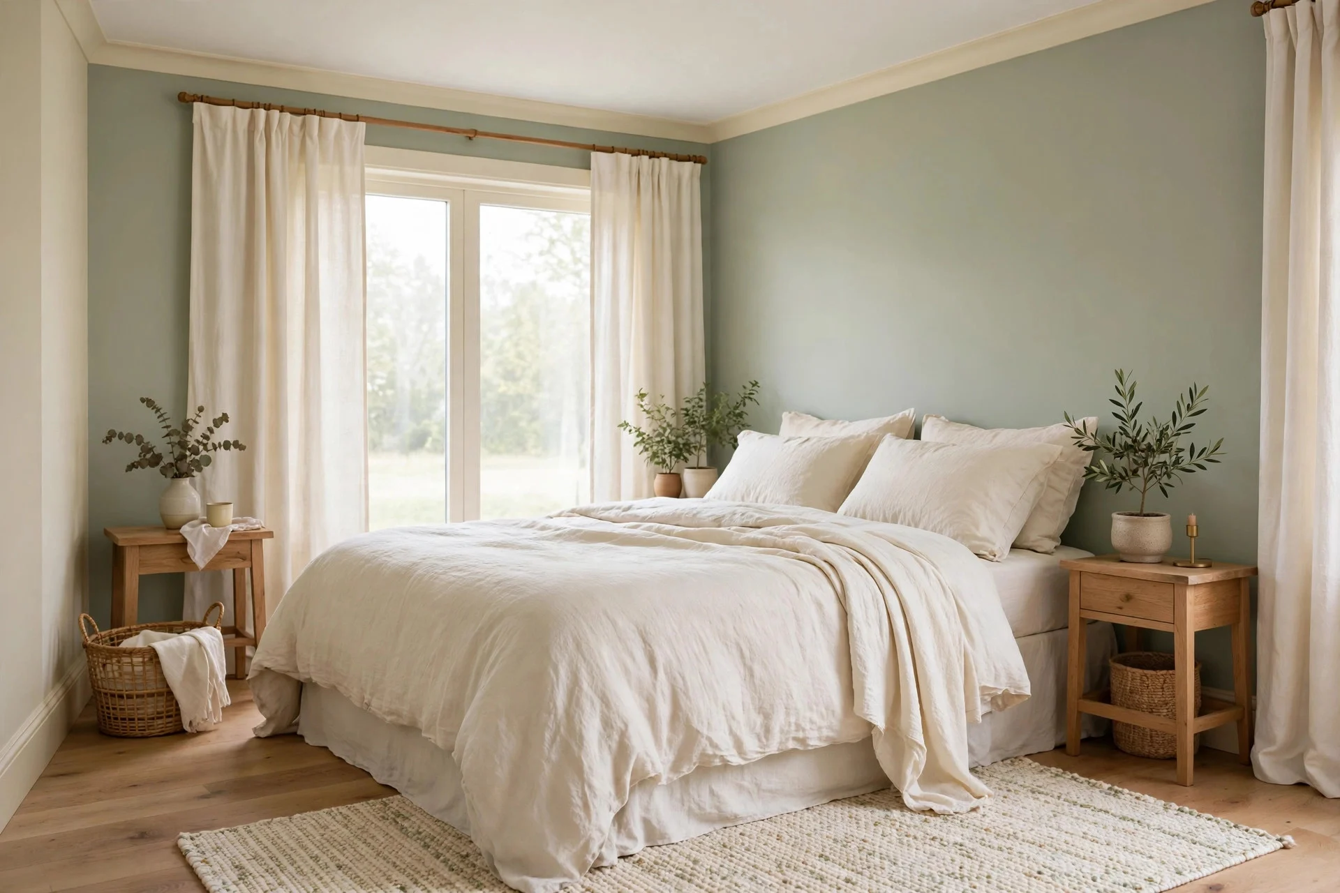 Bedroom in calm soft sage and cream colours for a restful feel.
