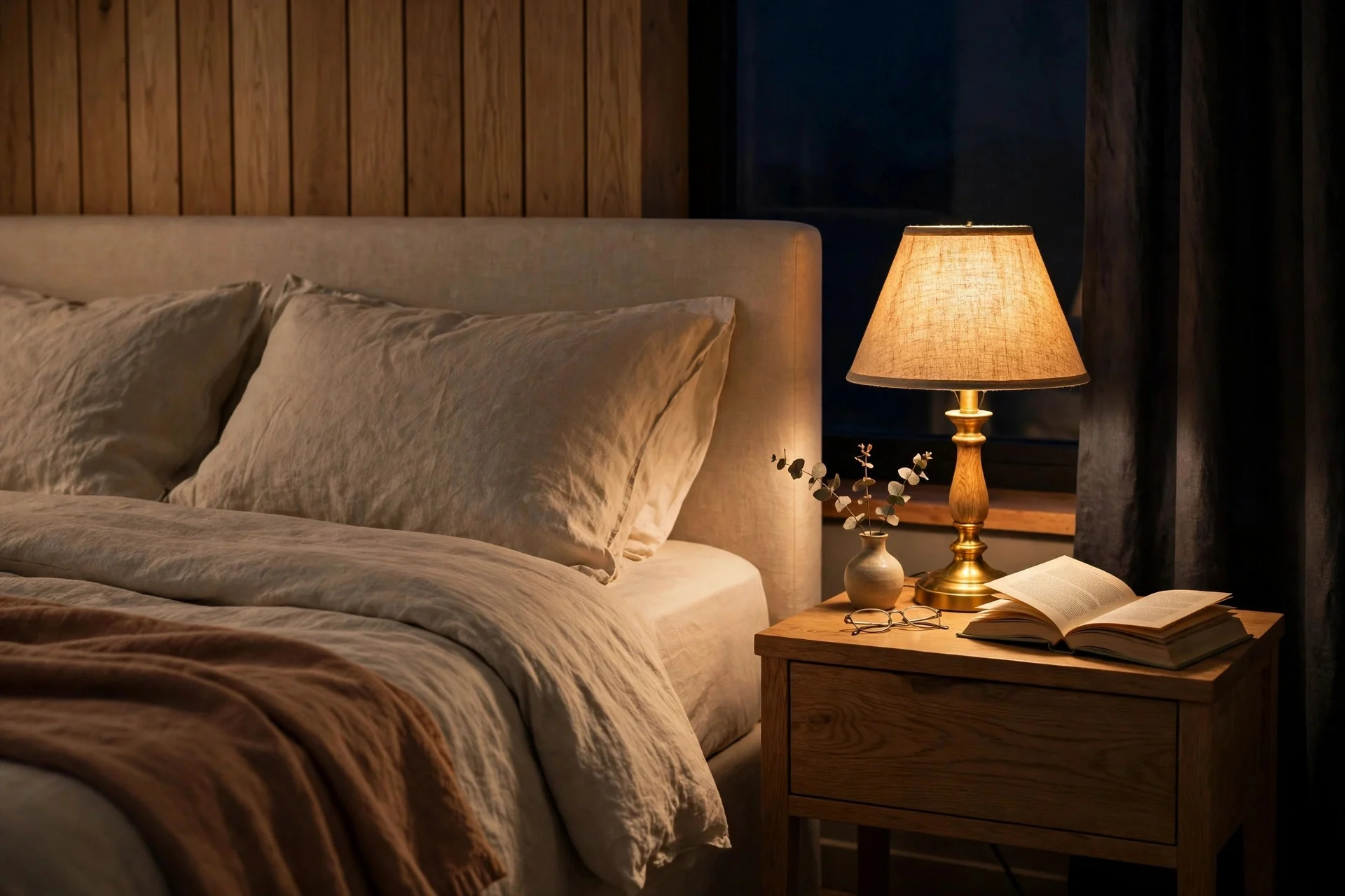 Warm reading light beside a guest bed for late-night reading.