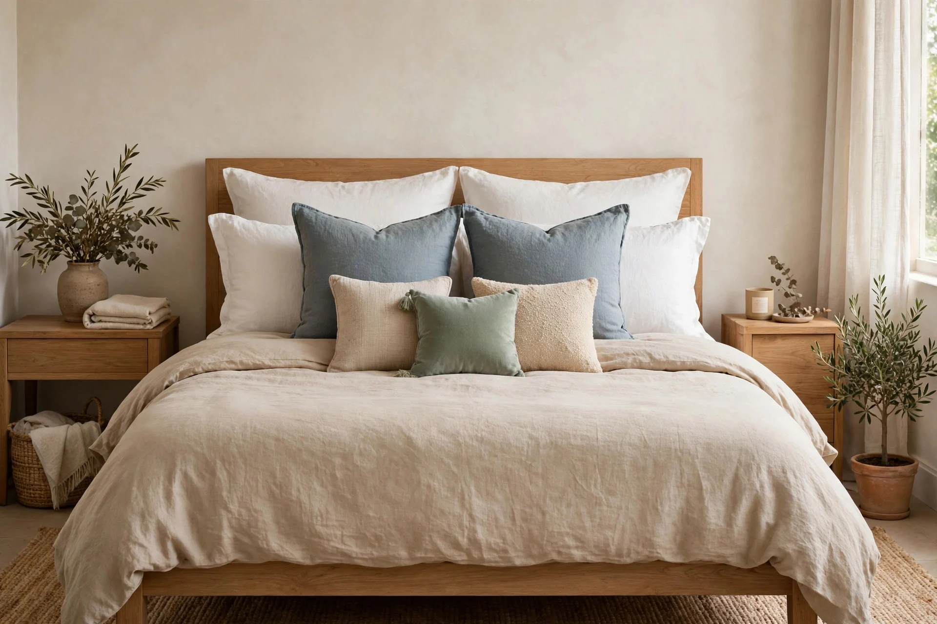 Classic three-row hotel stack pillow arrangement on a king bed.