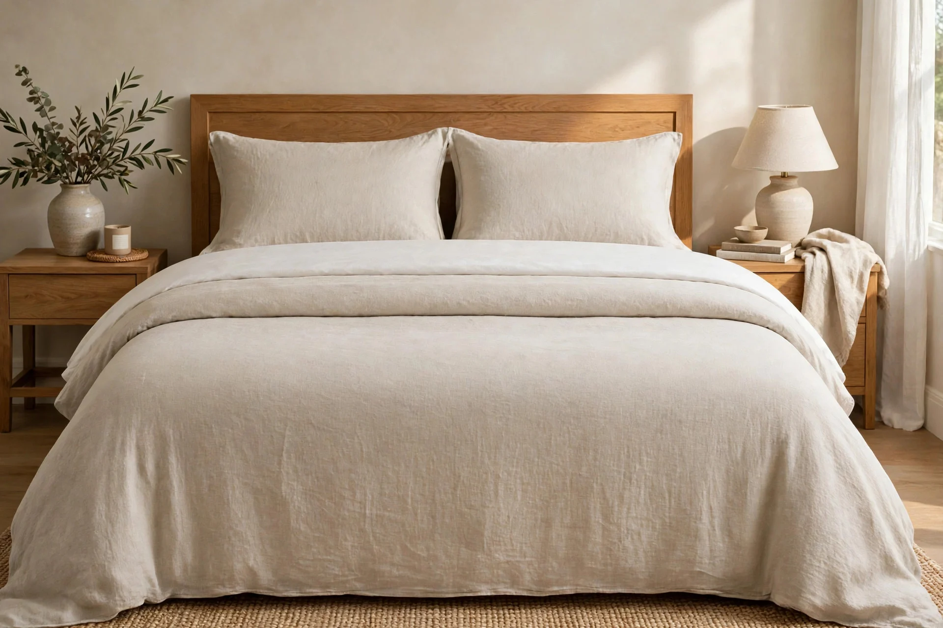 Folded duvet creating a clean base for king bed pillows.