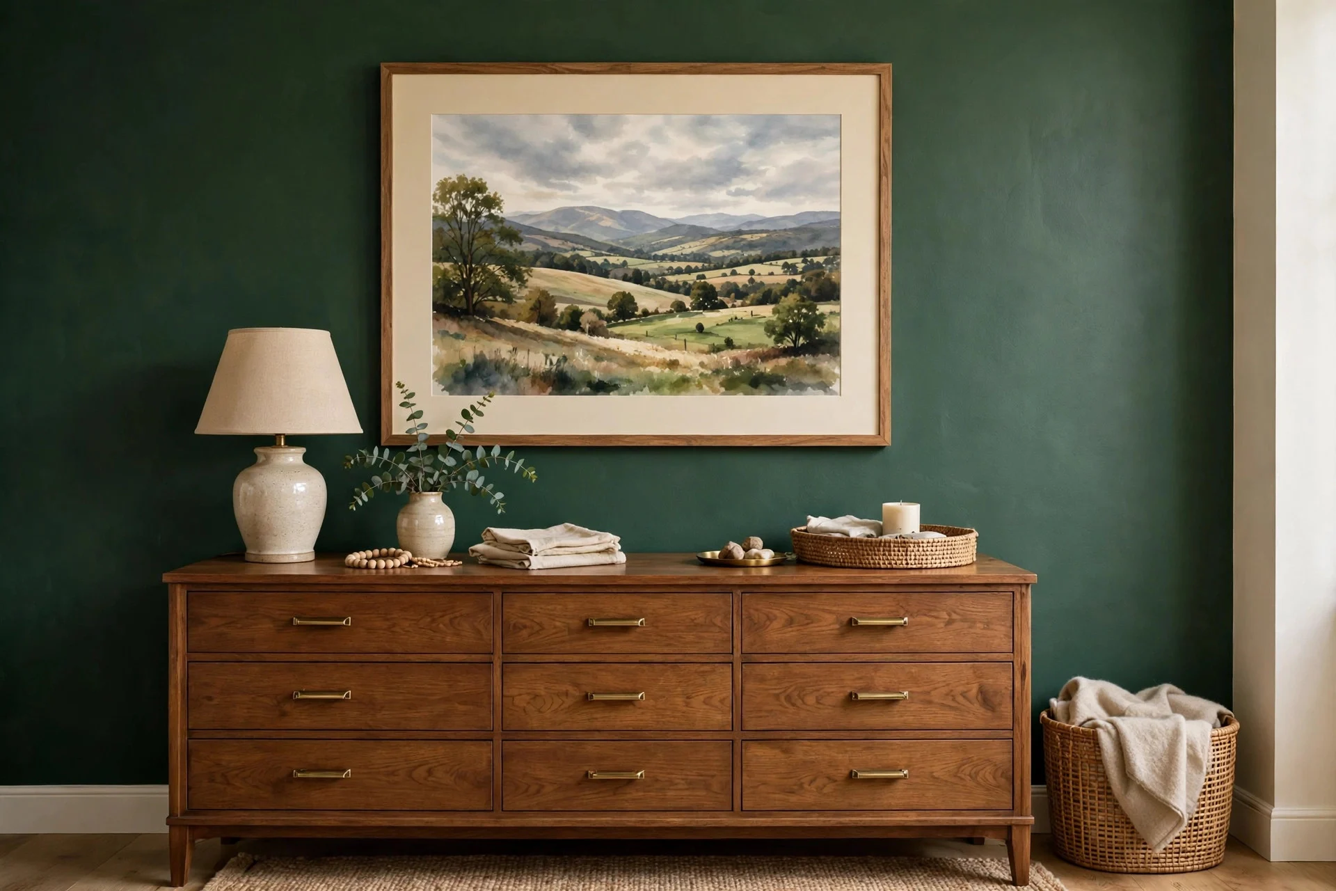 Large framed art on a deep green bedroom wall.