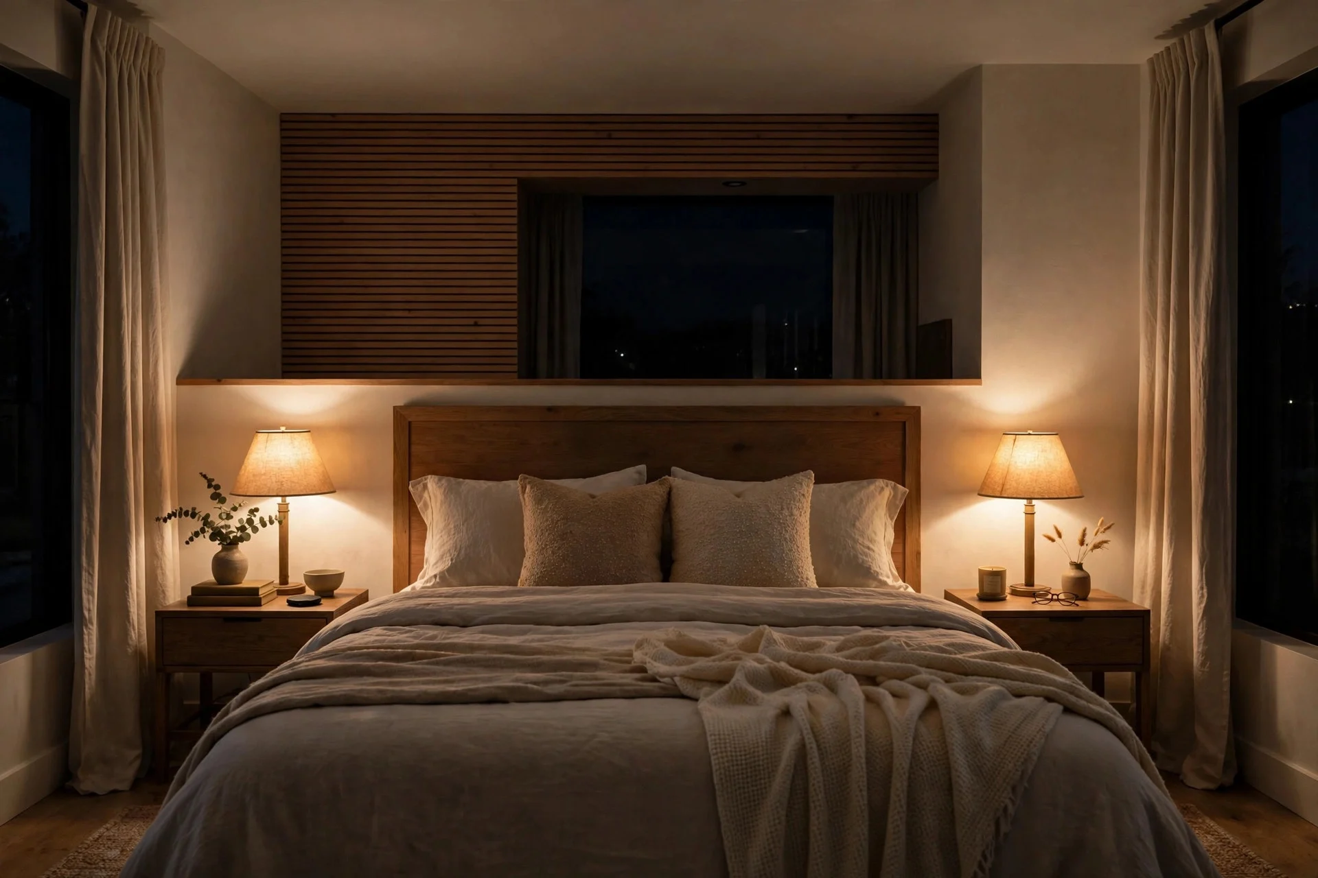 Layered warm bedside lighting in a bedroom at night.