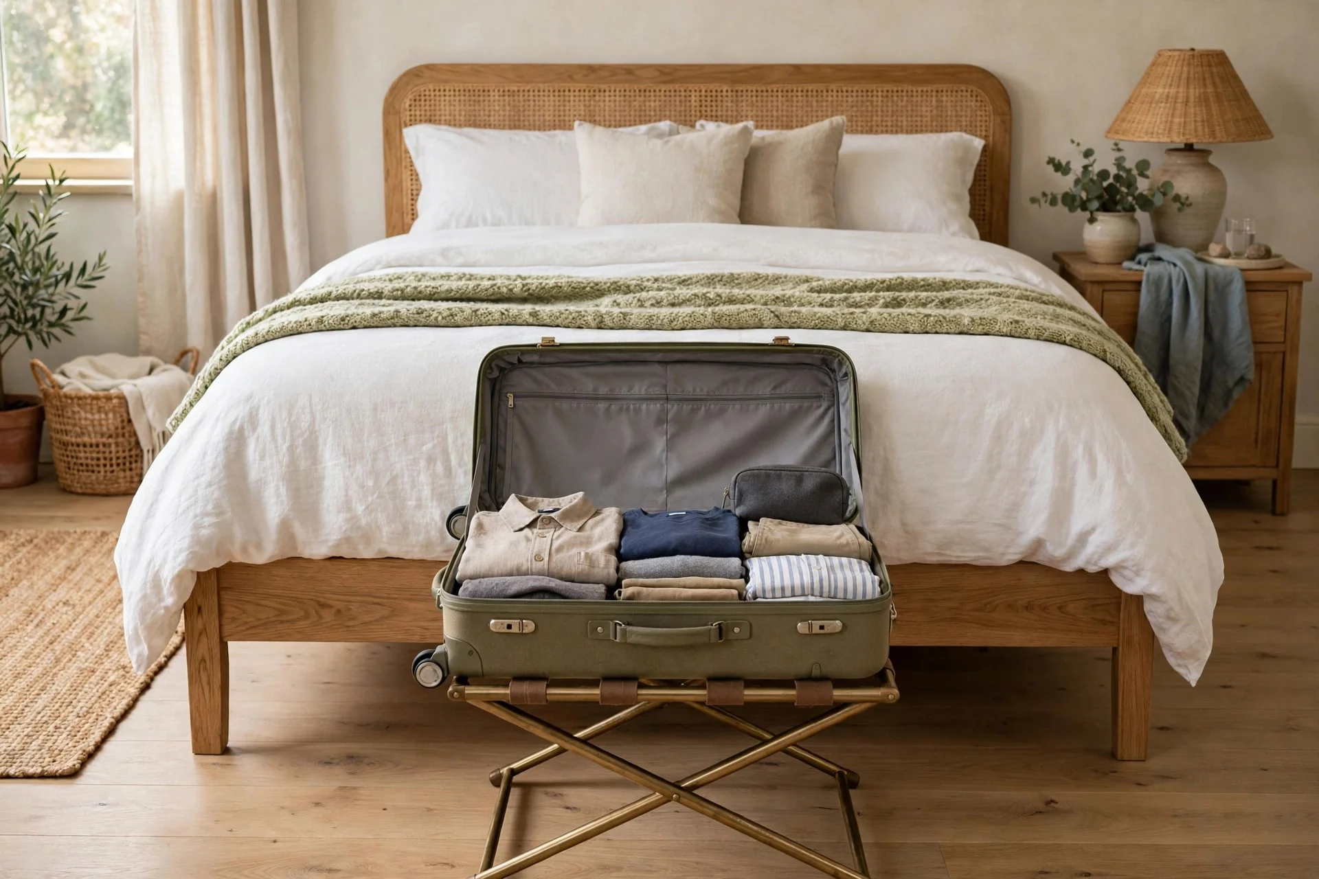 Luggage rack at the foot of a guest bed for a visitor's suitcase.