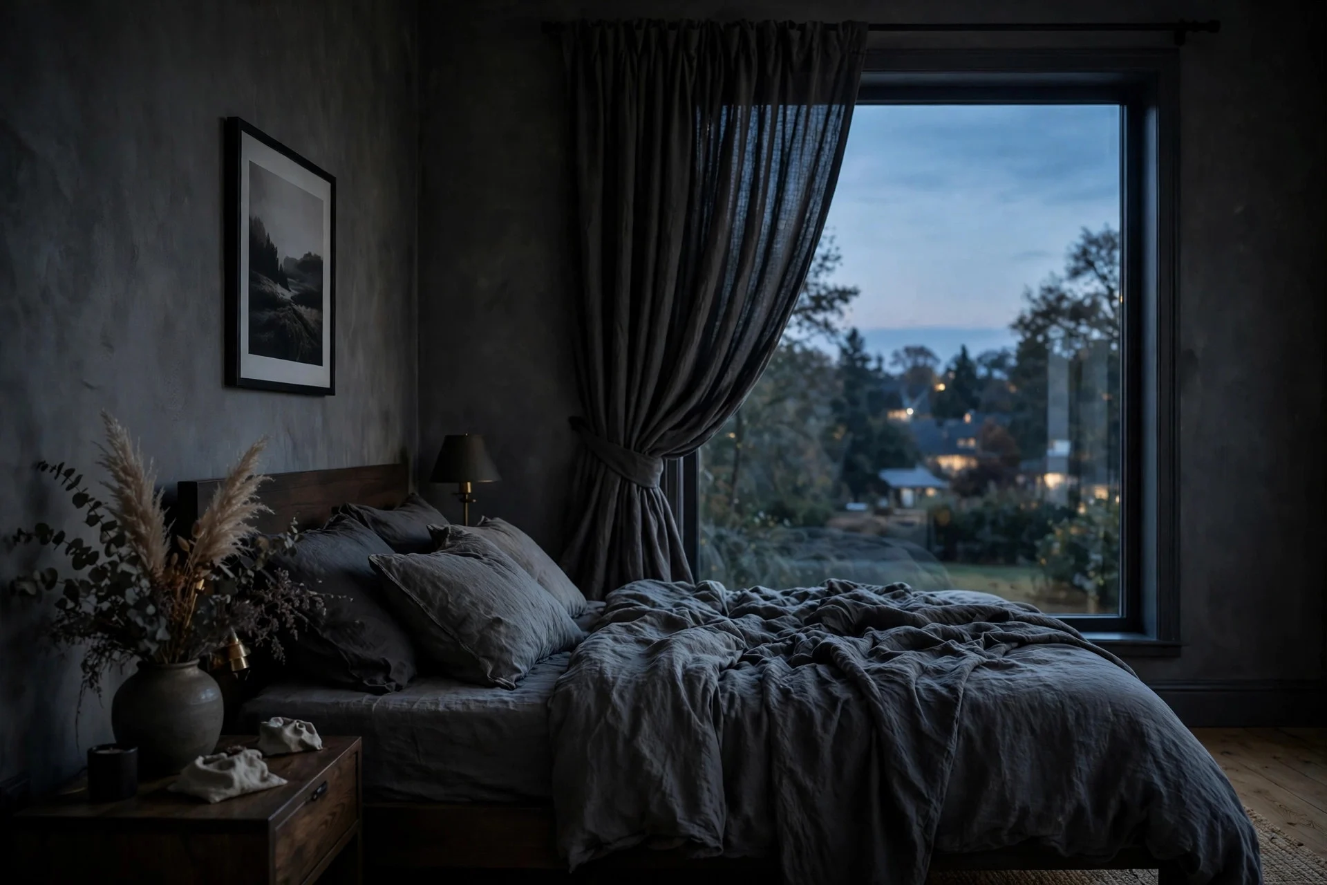 Floor-length charcoal curtains in a moody bedroom.