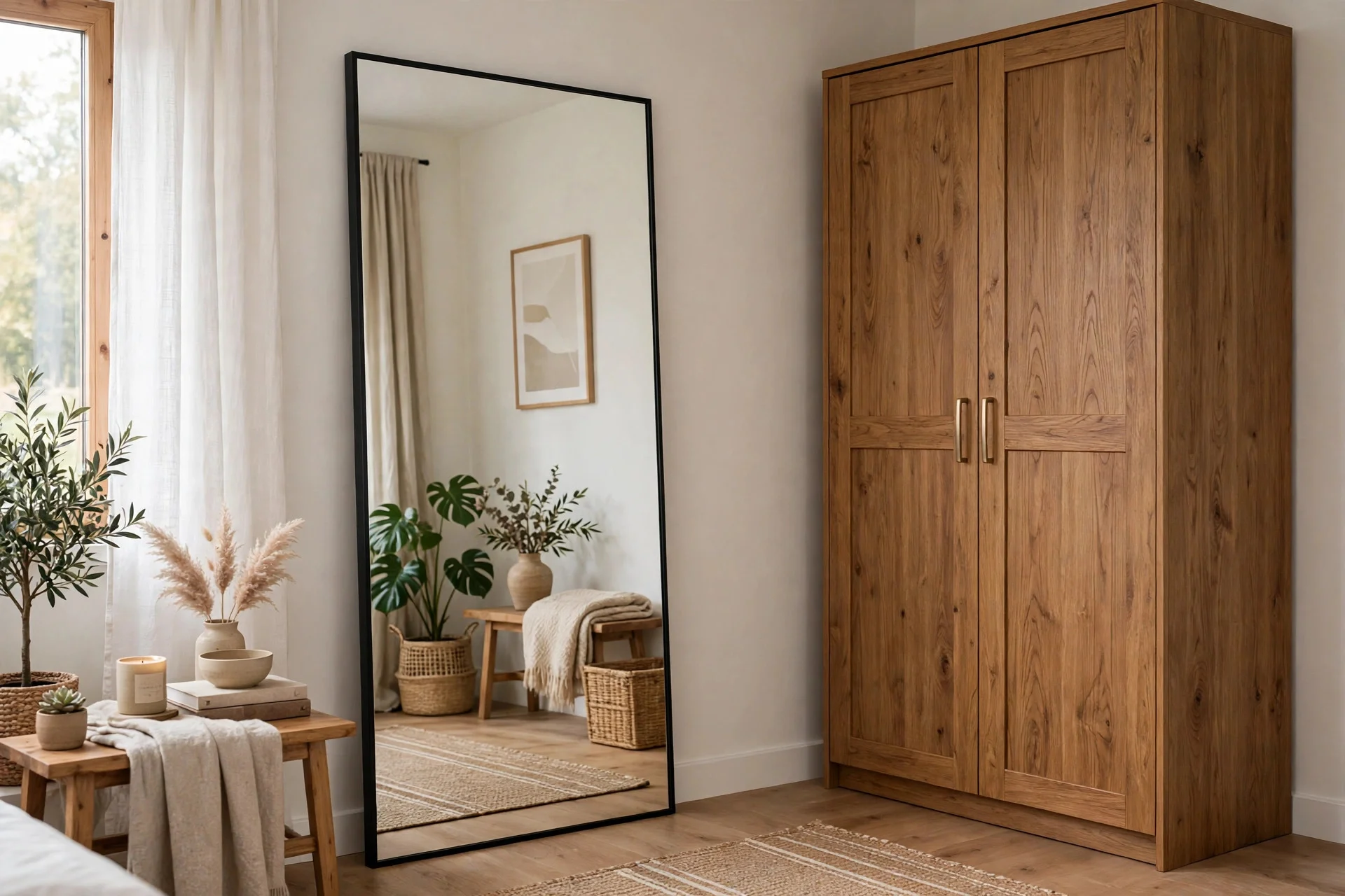 Bedroom mirror placed on a side wall so it does not face the bed.