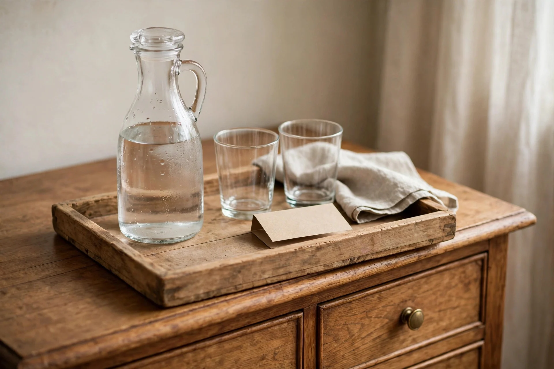 Welcome tray with water and glasses in a guest bedroom.