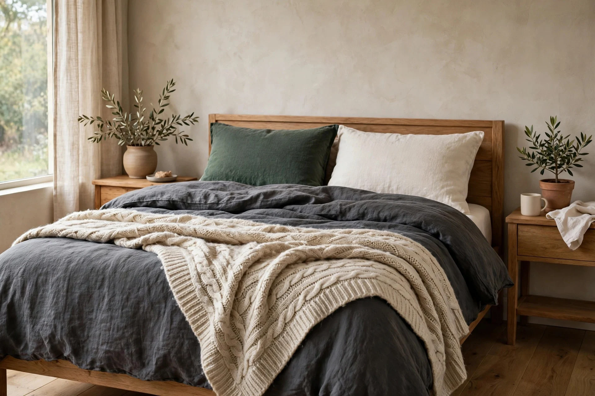 Textured layered bedding in charcoal and green in a moody bedroom.