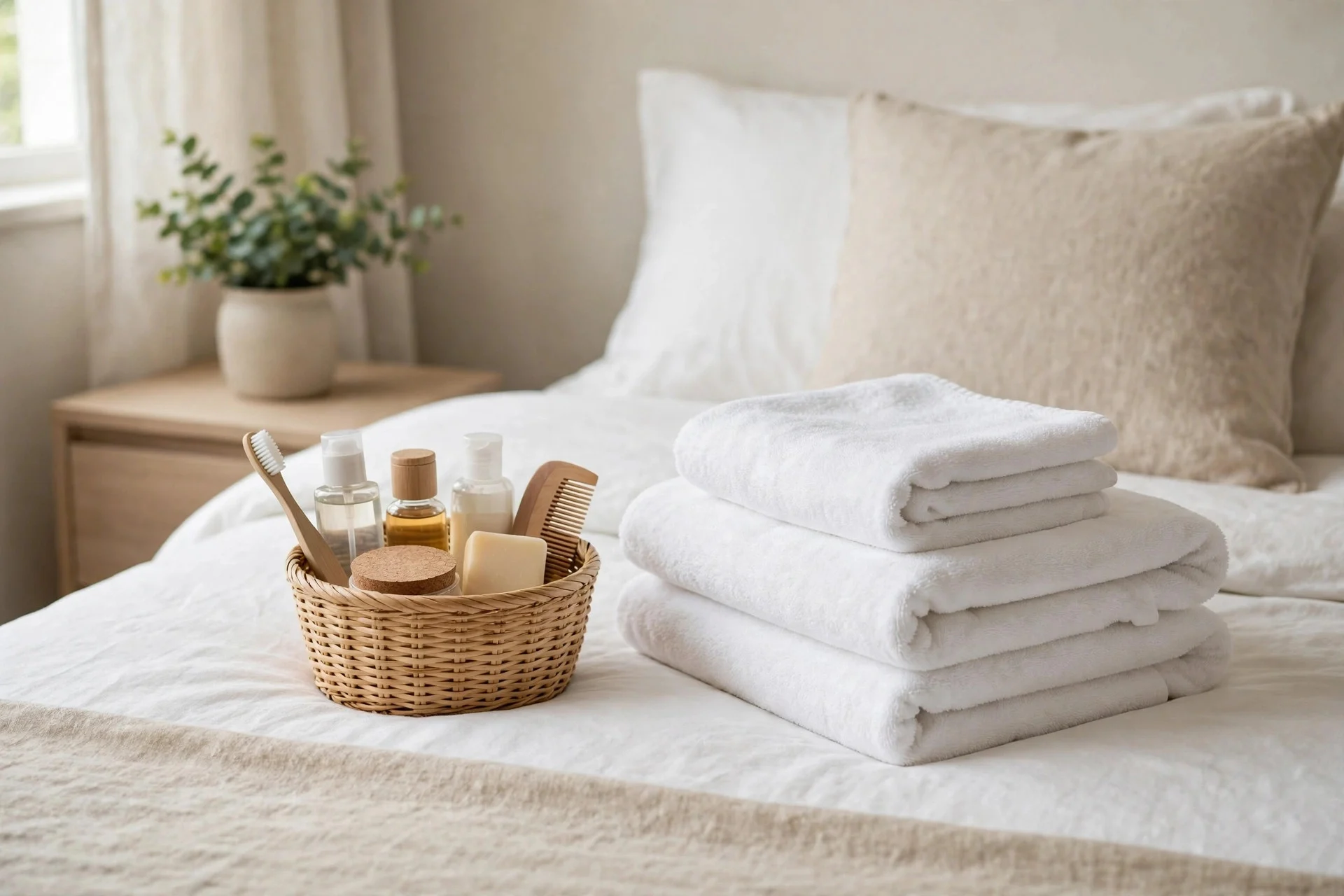 Fresh towels and toiletries basket prepared for a guest bedroom stay.
