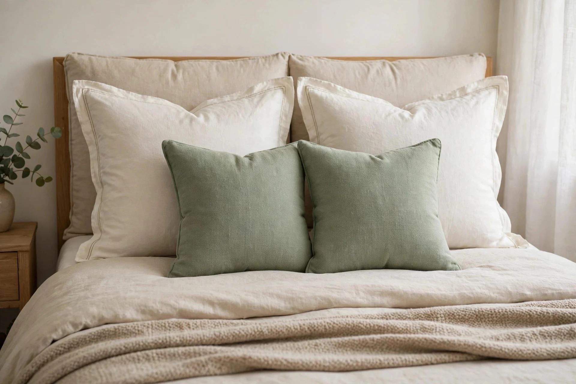 Two decorative cushions finishing a king bed pillow arrangement.