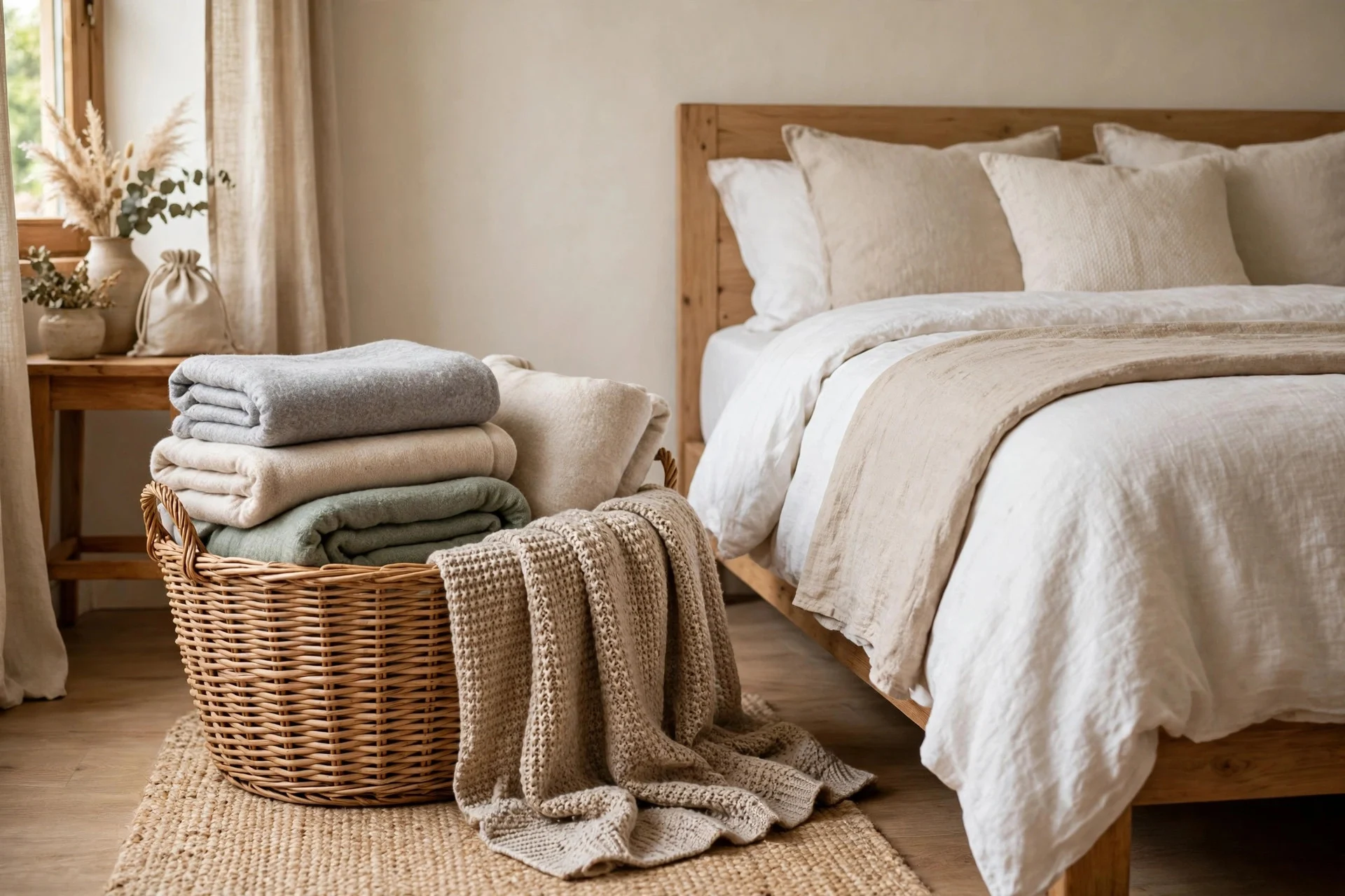 Extra blankets in a basket beside a guest bed for cold nights.