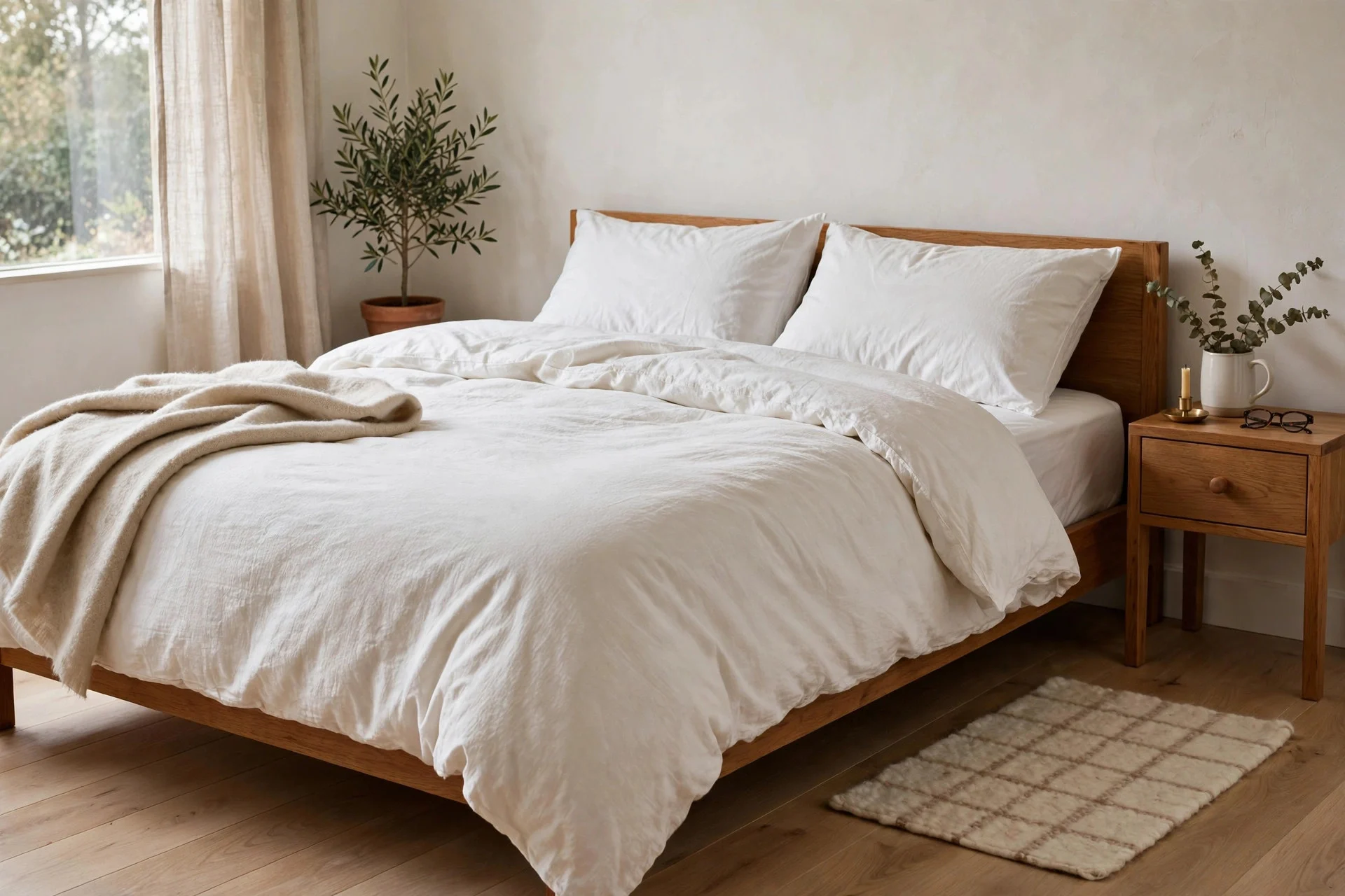 Natural cotton, wood, and wool materials in a calm bedroom.