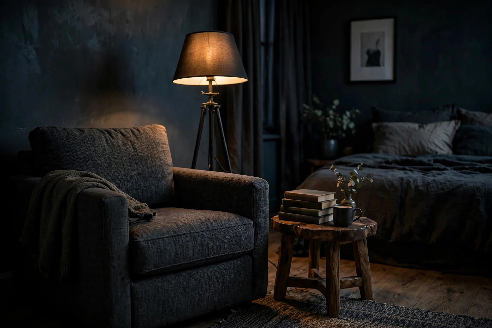 Dark reading corner with an armchair and floor lamp in a moody bedroom.