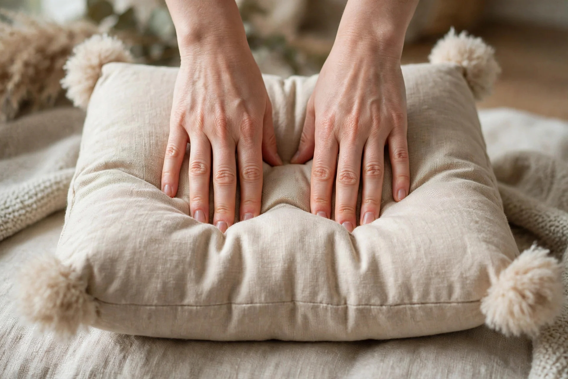 Cushion fluffed and chopped for shape on a styled bed.