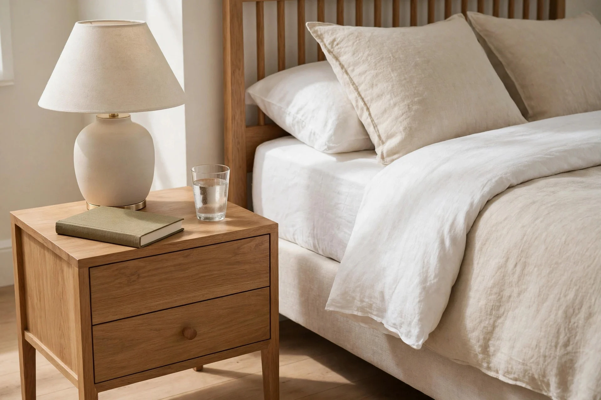 Clear bedside surfaces after a nightly bedroom tidy.