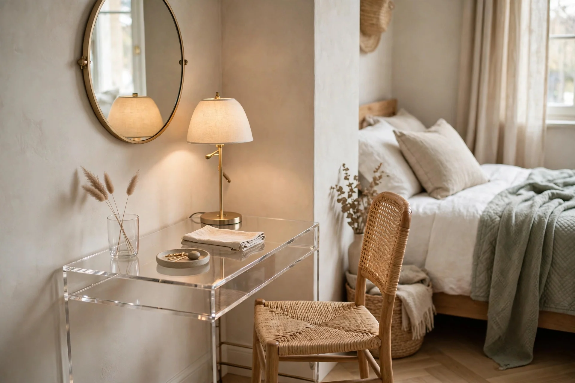 Small desk nook in a guest bedroom for work or dressing.