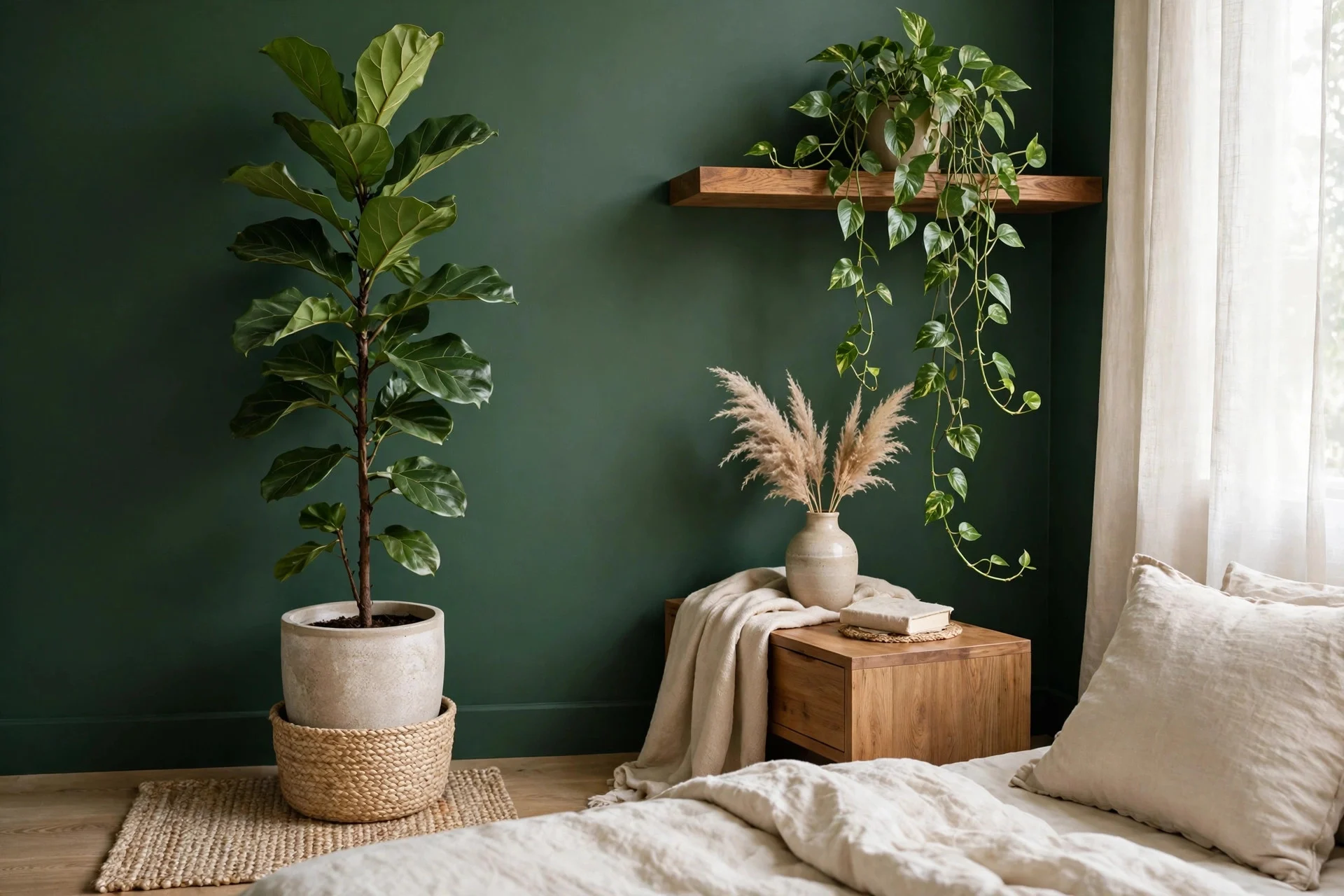 Plants softening deep green walls in a moody bedroom.