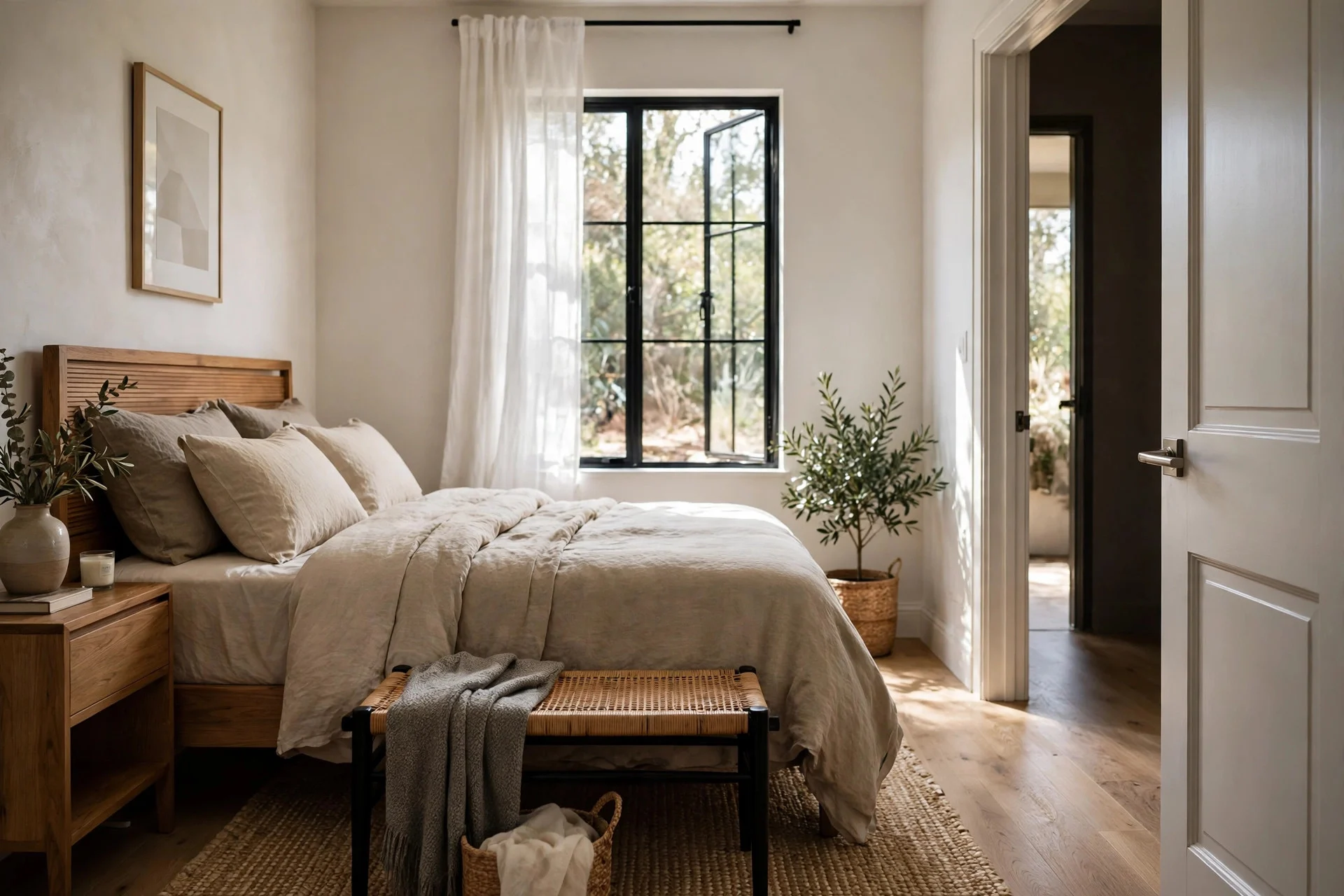 Bed placed away from the direct line between door and window.