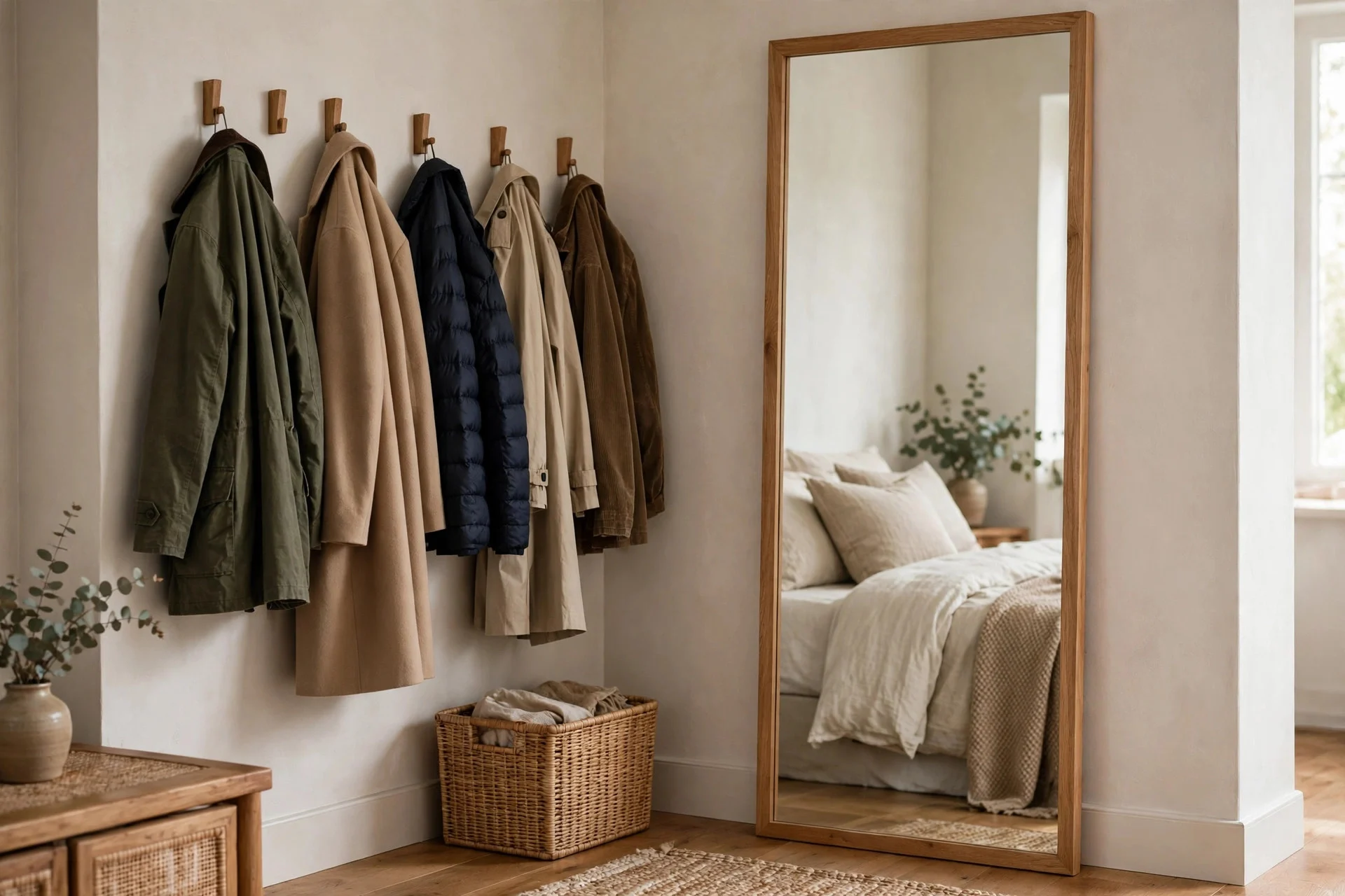 Full-length mirror and wall hooks in a guest bedroom near the door.