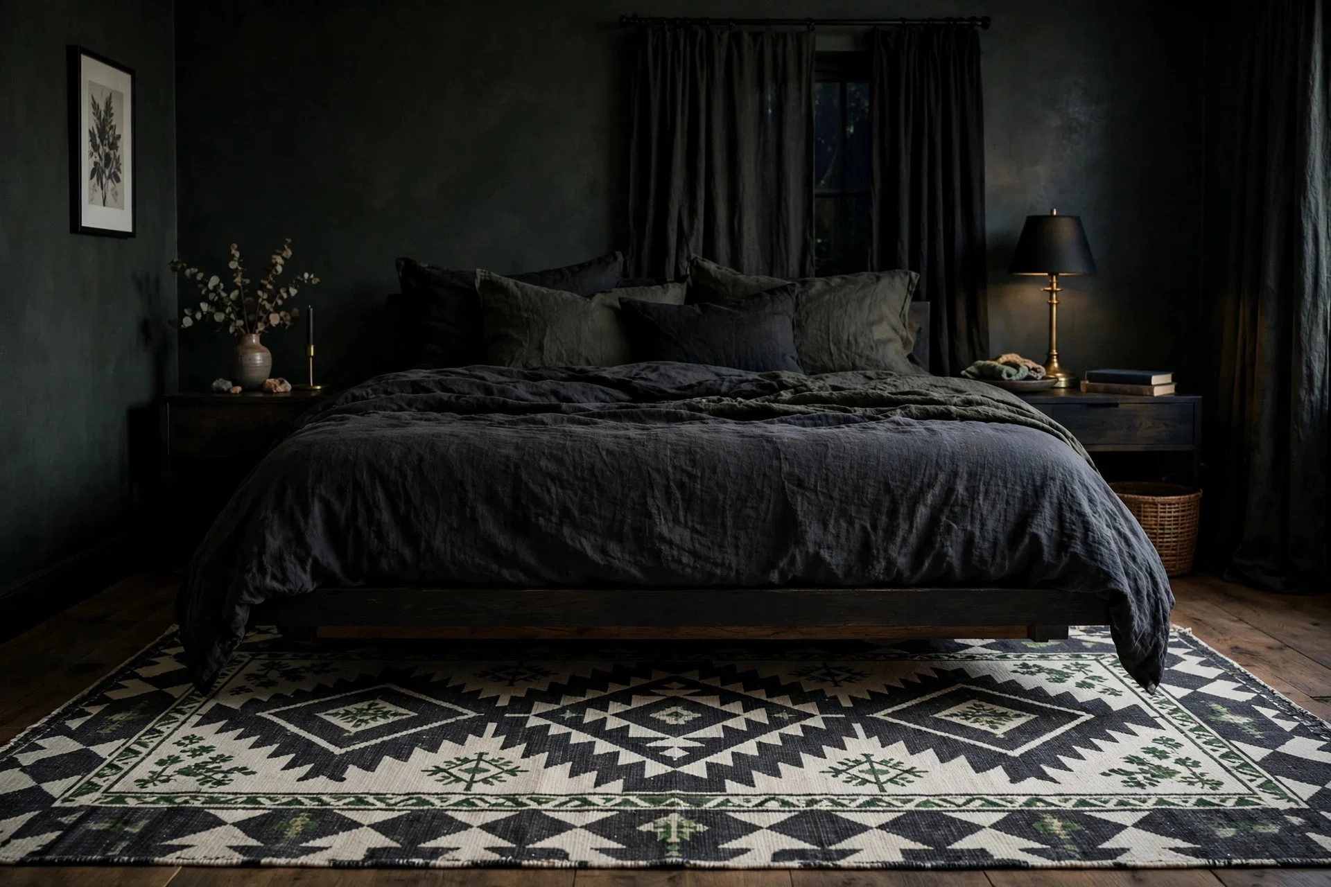 Patterned rug under a bed in a moody bedroom in green and charcoal.