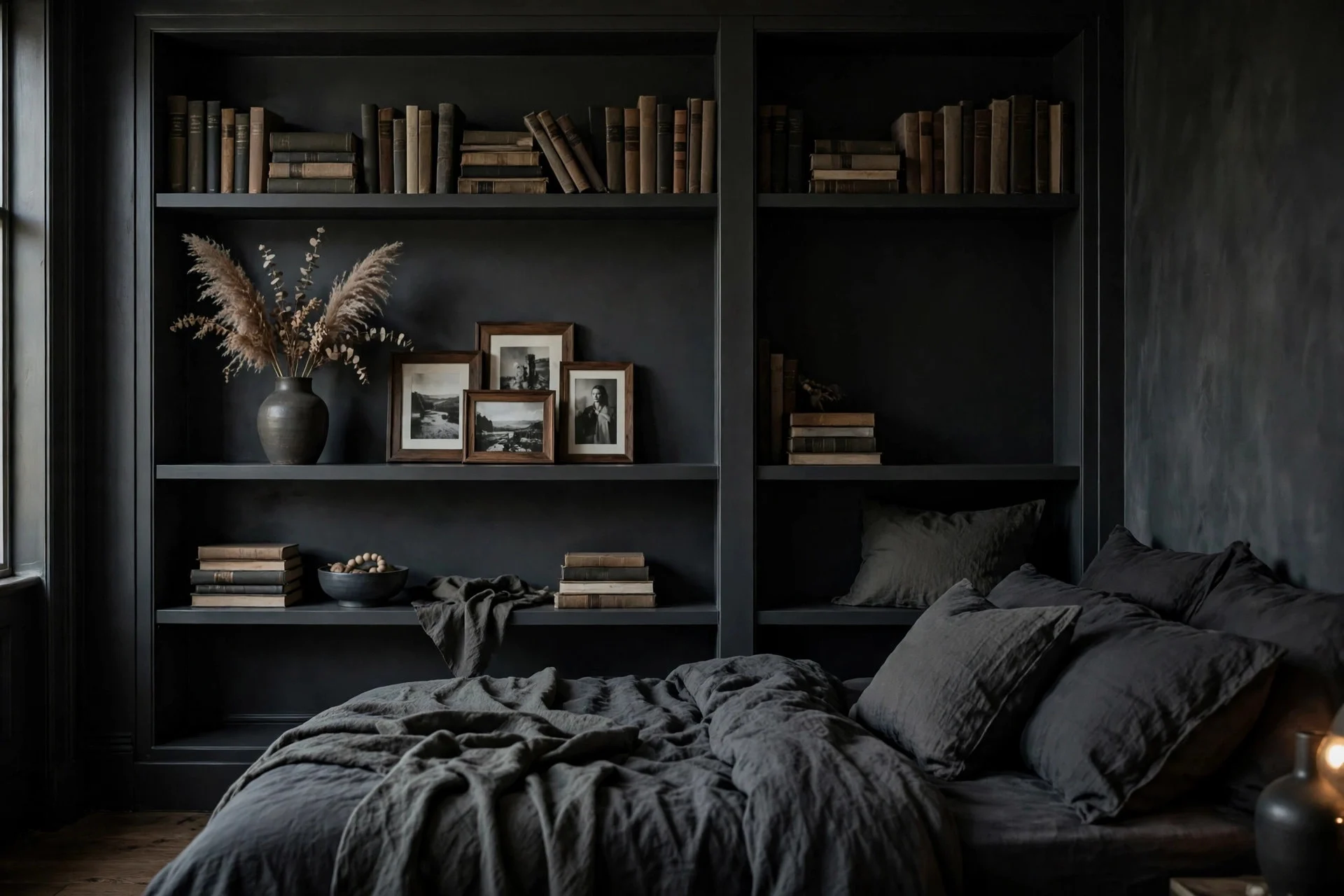 Dark built-in shelves styled with books and photos in a moody bedroom.
