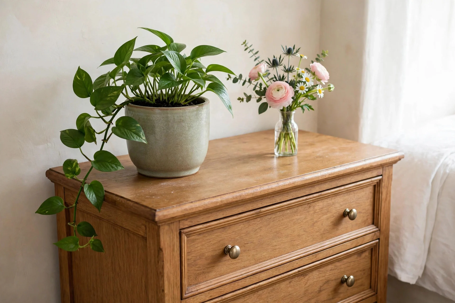 Potted plant and fresh flowers on a guest bedroom dresser.