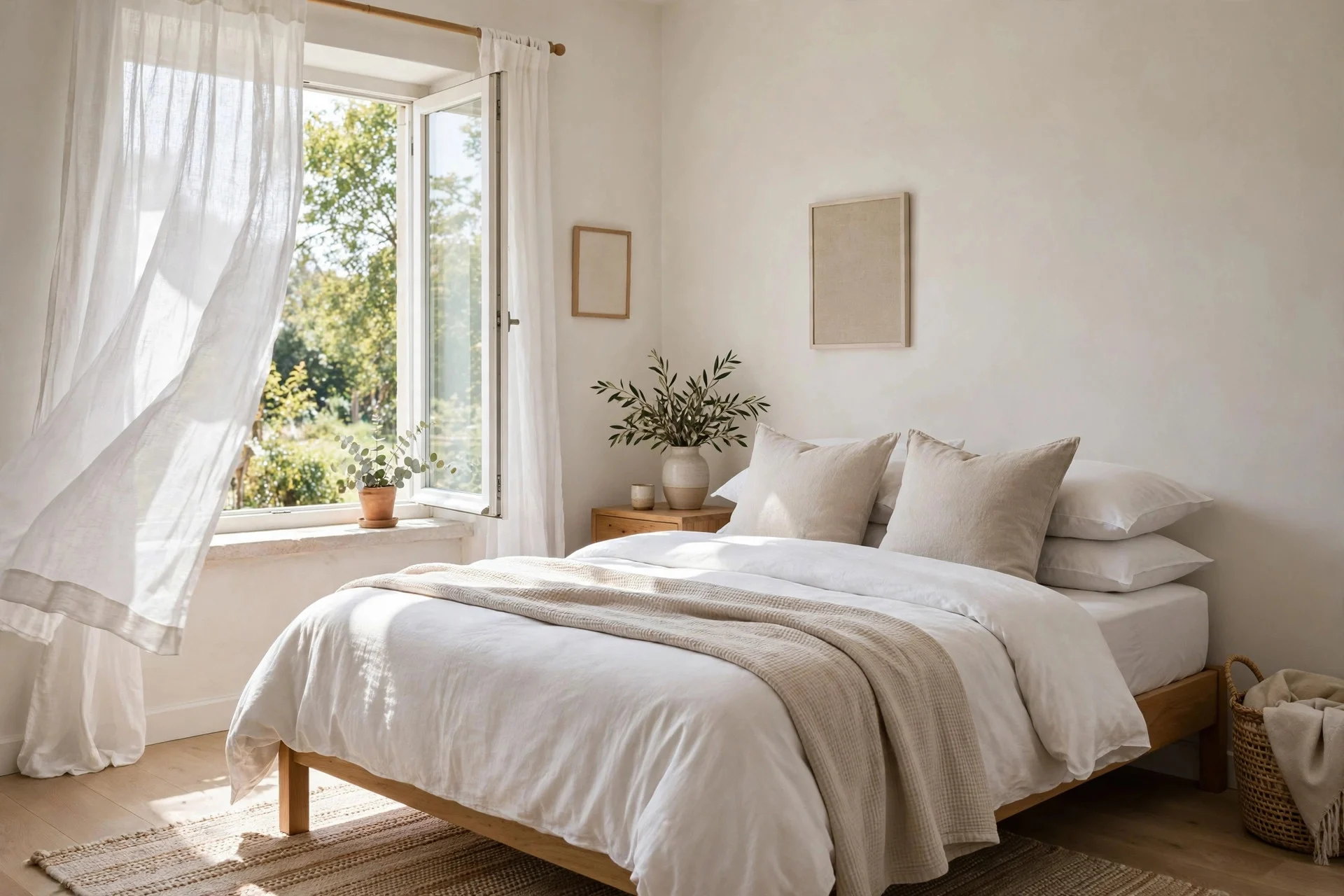 Clean, freshly aired guest bedroom with an open window and made bed.