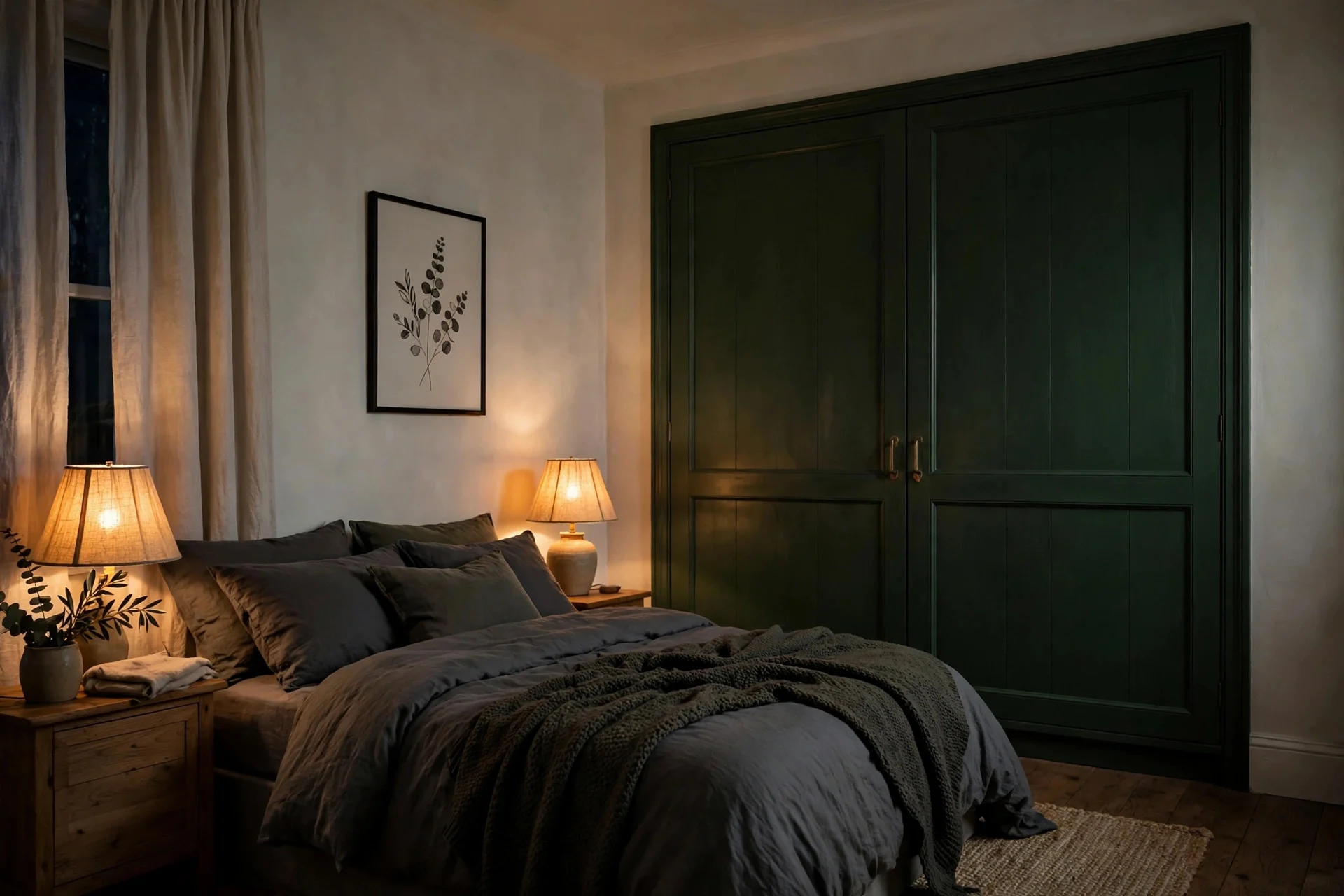 Deep green wardrobe doors in a moody bedroom with pale walls.