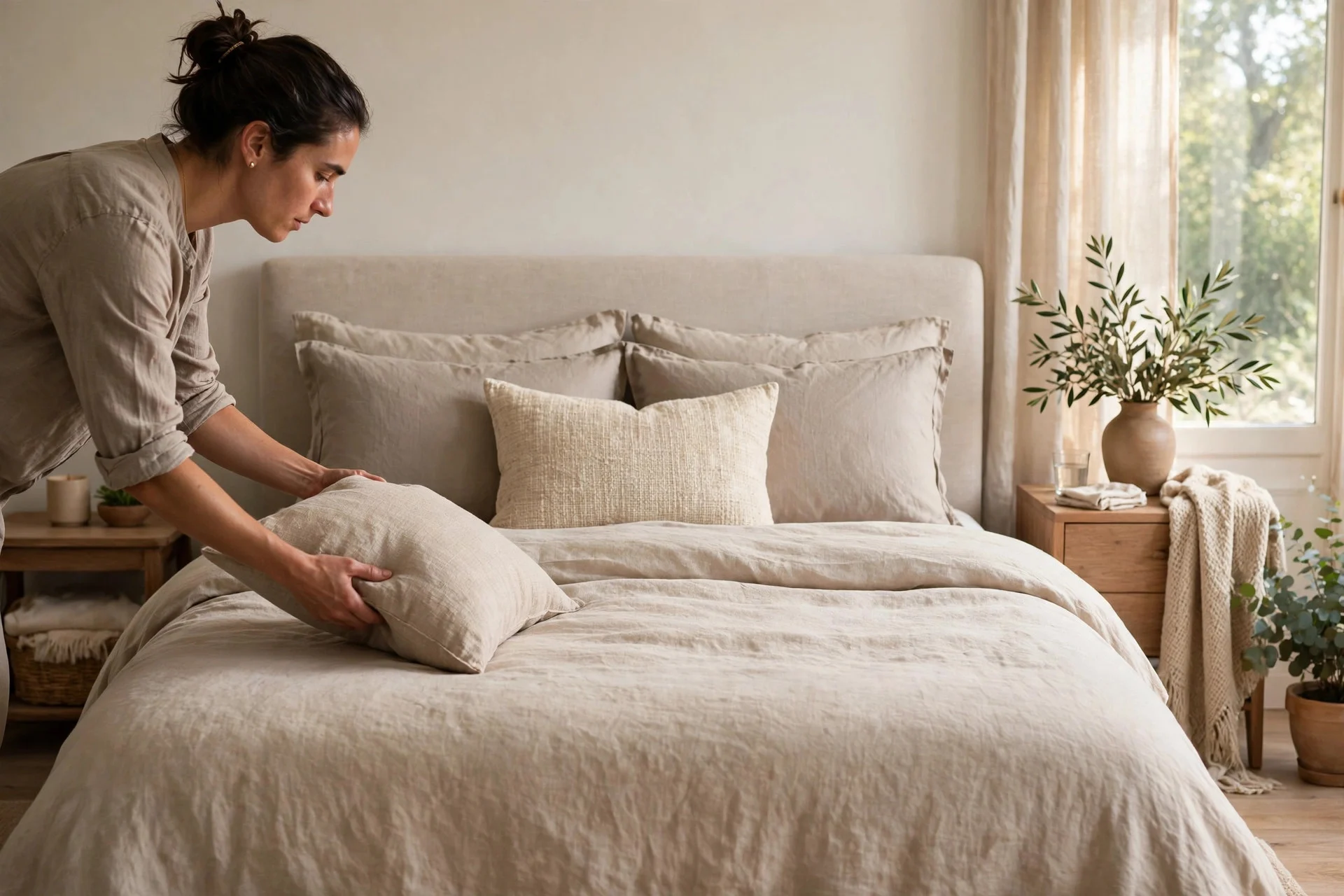 Making a king bed each morning in the same pillow order.