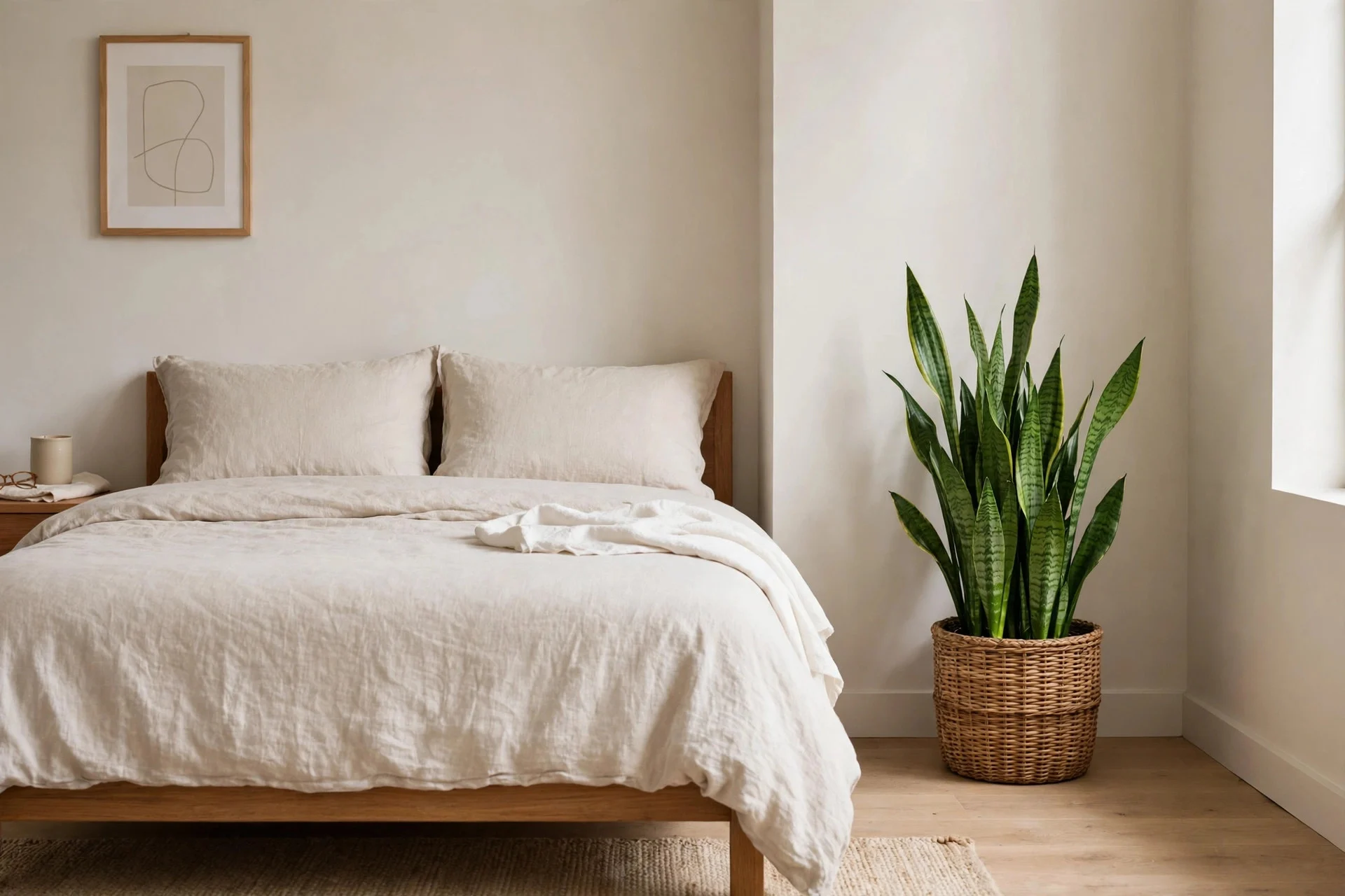 One healthy potted plant in the corner of a feng shui bedroom.