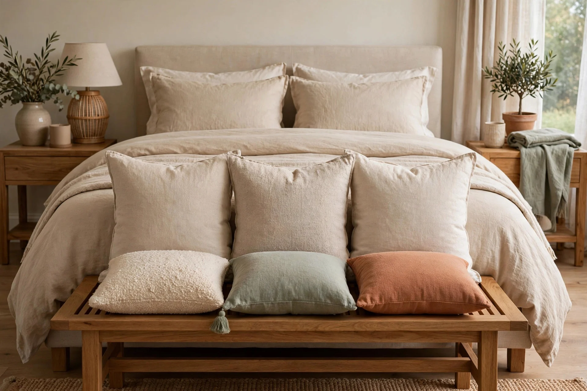 Extra bed pillows stored neatly on a bench at the foot of the bed.