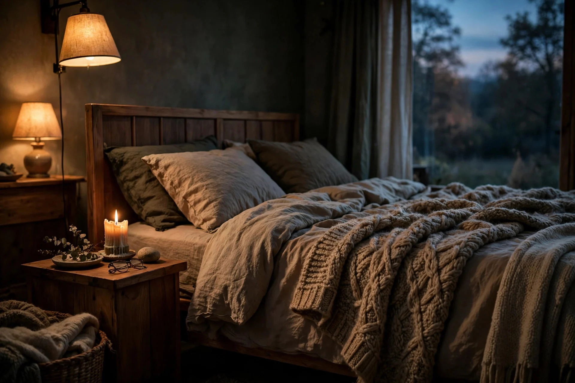 Candlelight and warm textiles finishing a moody bedroom in green and charcoal.