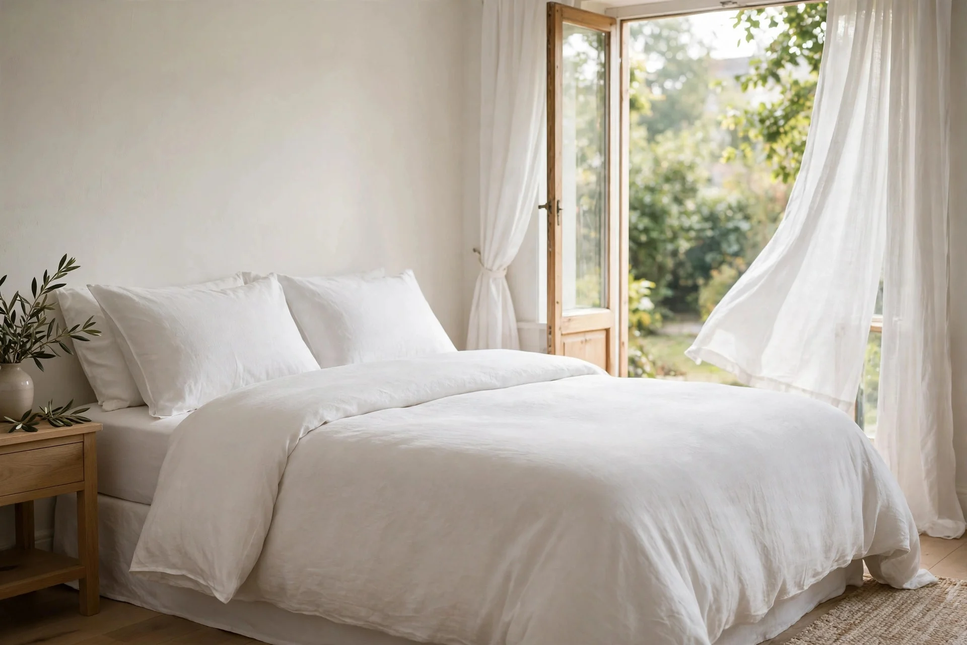 Fresh bedding and open window airing a calm bedroom in the morning.