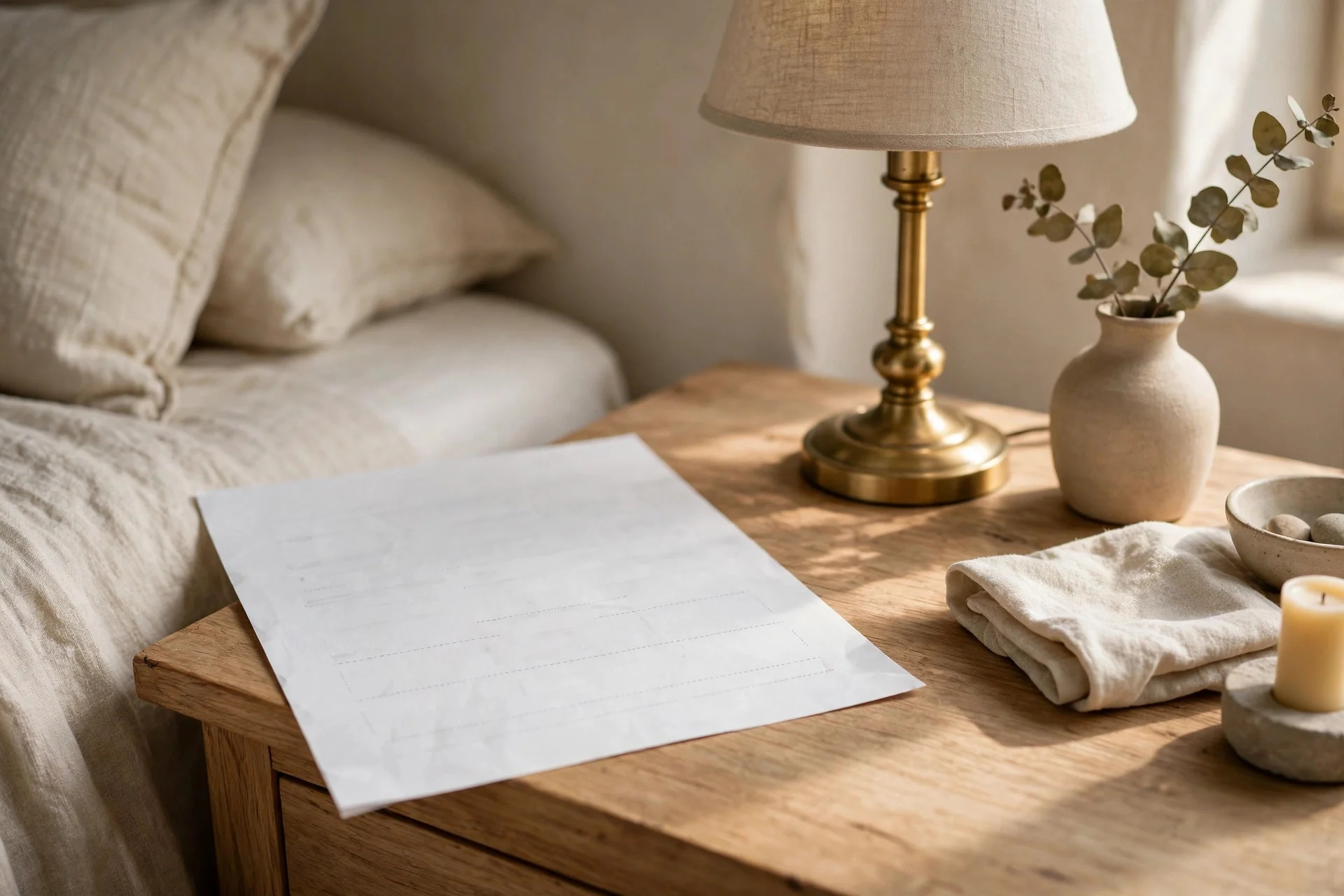 Local guide and house notes on a guest bedroom bedside table.